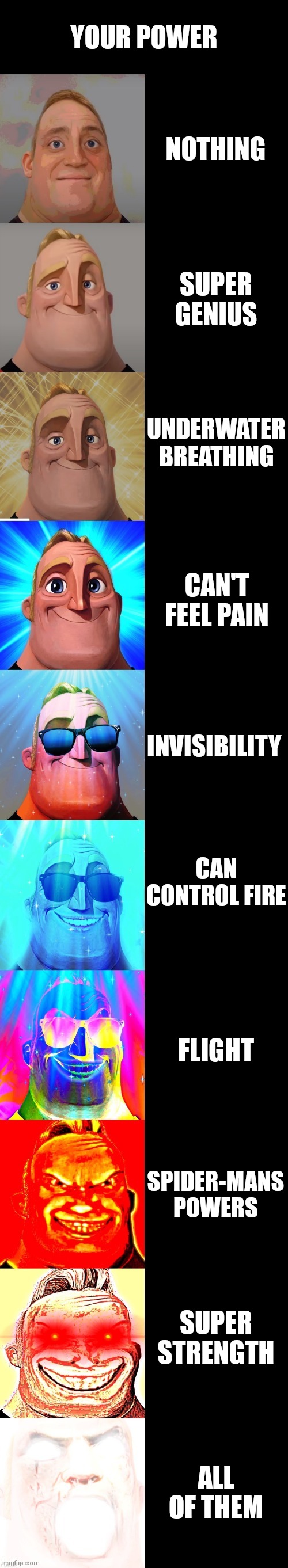 mr incredible becoming canny | YOUR POWER; NOTHING; SUPER GENIUS; UNDERWATER BREATHING; CAN'T FEEL PAIN; INVISIBILITY; CAN CONTROL FIRE; FLIGHT; SPIDER-MANS POWERS; SUPER STRENGTH; ALL OF THEM | image tagged in mr incredible becoming canny | made w/ Imgflip meme maker