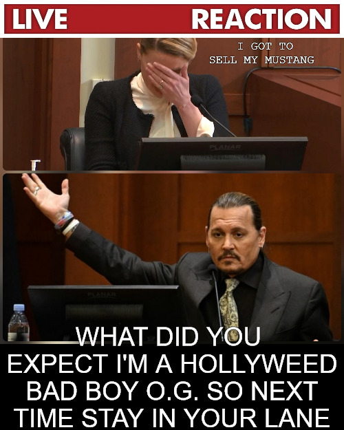 pathetic | I GOT TO SELL MY MUSTANG; WHAT DID YOU  EXPECT I'M A HOLLYWEED BAD BOY O.G. SO NEXT TIME STAY IN YOUR LANE | image tagged in depp heard trial | made w/ Imgflip meme maker