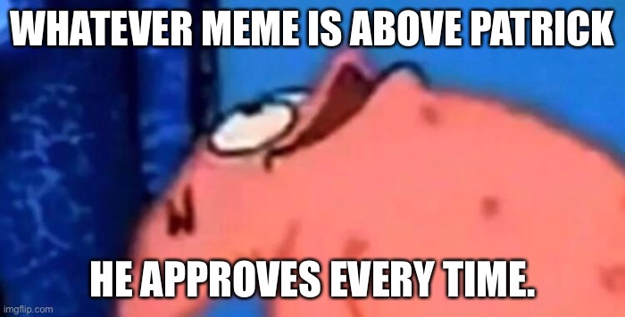 Such a chad | WHATEVER MEME IS ABOVE PATRICK; HE APPROVES EVERY TIME. | image tagged in patrick looking up | made w/ Imgflip meme maker