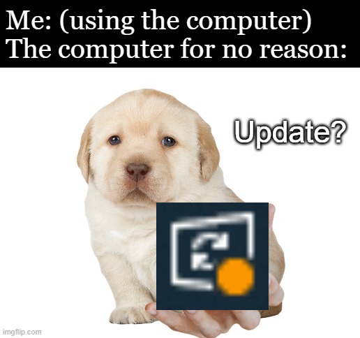 Do you want a useless update? |  Me: (using the computer)
The computer for no reason:; Update? | image tagged in blank white template,queires,windows | made w/ Imgflip meme maker