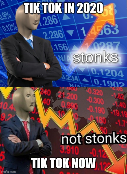 Stonks not stonks |  TIK TOK IN 2020; TIK TOK NOW | image tagged in stonks not stonks | made w/ Imgflip meme maker