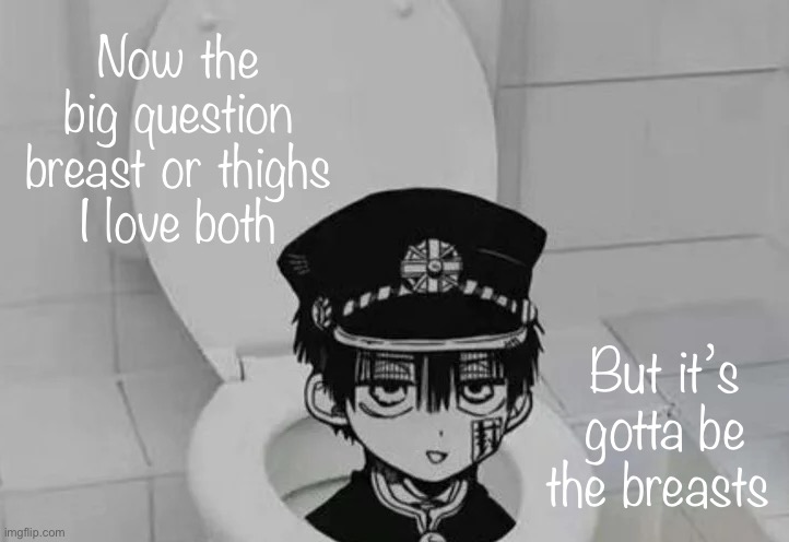 Hanako kun in Toilet | Now the big question breast or thighs
I love both; But it’s gotta be the breasts | image tagged in hanako kun in toilet | made w/ Imgflip meme maker