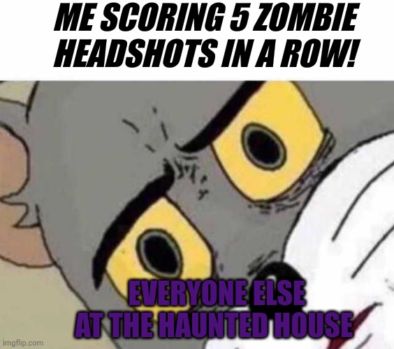 Tom Cat Unsettled Close up | ME SCORING 5 ZOMBIE HEADSHOTS IN A ROW! EVERYONE ELSE AT THE HAUNTED HOUSE | image tagged in tom cat unsettled close up,haunted house,head shot | made w/ Imgflip meme maker