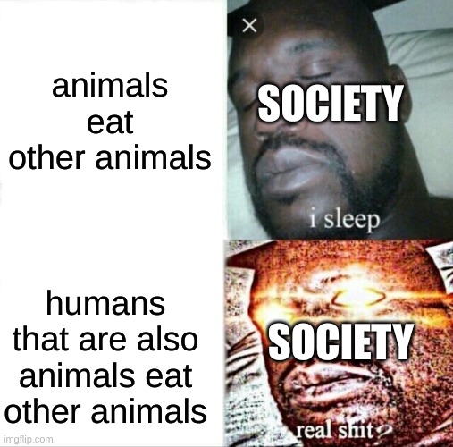 Sleeping Shaq | animals eat other animals; SOCIETY; humans that are also animals eat other animals; SOCIETY | image tagged in memes,sleeping shaq | made w/ Imgflip meme maker