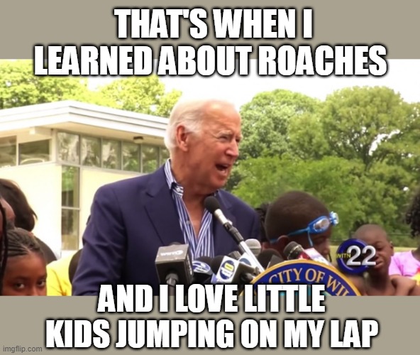 Joe Biden Hairy Legs Speech | THAT'S WHEN I LEARNED ABOUT ROACHES AND I LOVE LITTLE KIDS JUMPING ON MY LAP | image tagged in joe biden hairy legs speech | made w/ Imgflip meme maker