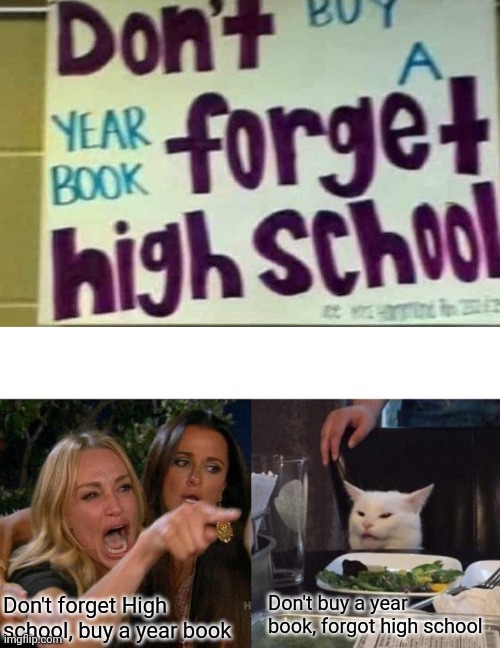 I think Don't buy a year book, forgot high school is better | Don't buy a year book, forgot high school; Don't forget High school, buy a year book | image tagged in memes,woman yelling at cat | made w/ Imgflip meme maker