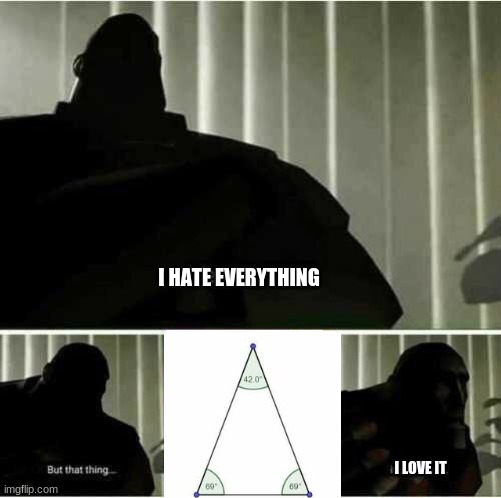 funny triangle | I HATE EVERYTHING; I LOVE IT | image tagged in i fear no man | made w/ Imgflip meme maker