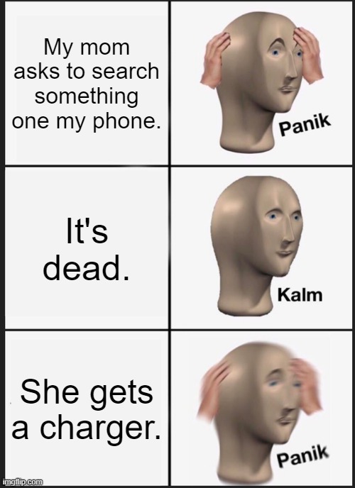 Oh no | My mom asks to search something one my phone. It's dead. She gets a charger. | image tagged in memes,panik kalm panik | made w/ Imgflip meme maker