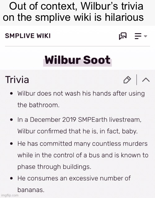 I’m not sure I even want to know the context | Out of context, Wilbur’s trivia on the smplive wiki is hilarious | image tagged in wilbur soot,minecraft | made w/ Imgflip meme maker