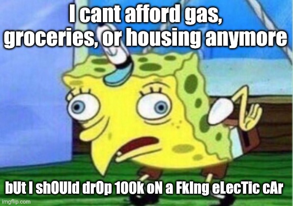 I would have to live in the fcuking thing | I cant afford gas, groceries, or housing anymore; bUt I shOUld drOp 100k oN a FkIng eLecTic cAr | image tagged in memes,mocking spongebob | made w/ Imgflip meme maker