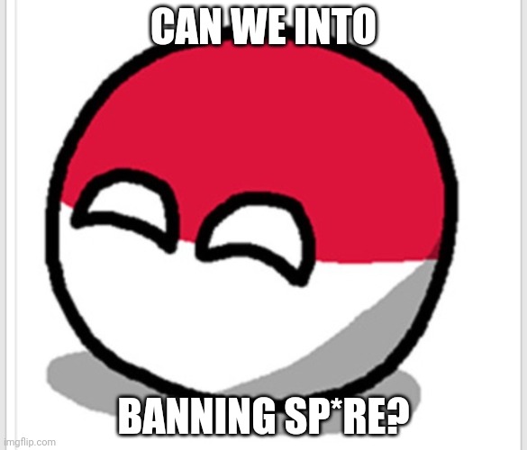 Just a suggestion (if not, more trolling?) | CAN WE INTO; BANNING SP*RE? | image tagged in polandball happy face | made w/ Imgflip meme maker