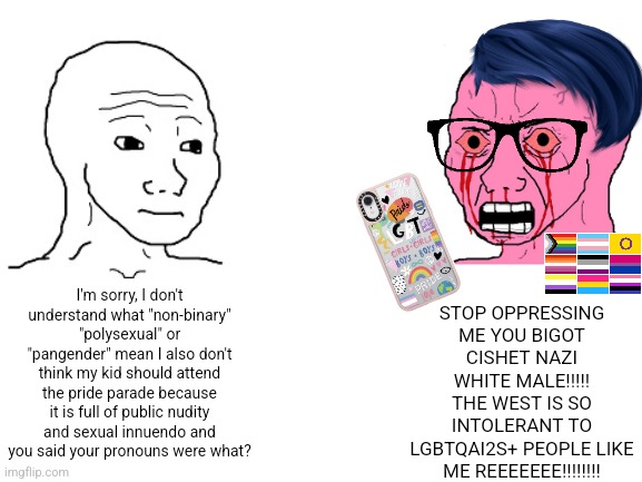 How LGBTQ+ people are oppressed in the west | STOP OPPRESSING ME YOU BIGOT CISHET NAZI WHITE MALE!!!!! THE WEST IS SO INTOLERANT TO LGBTQAI2S+ PEOPLE LIKE ME REEEEEEE!!!!!!!! I'm sorry, I don't understand what "non-binary" "polysexual" or "pangender" mean I also don't think my kid should attend the pride parade because it is full of public nudity and sexual innuendo and you said your pronouns were what? | image tagged in lgbtq,pride month,sjws,liberal logic,stupid liberals | made w/ Imgflip meme maker