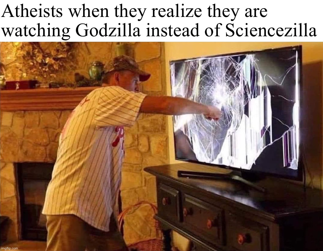 Atheits | Atheists when they realize they are watching Godzilla instead of Sciencezilla | image tagged in man punches tv,atheists,godzilla,sciencezilla,rekt,gg | made w/ Imgflip meme maker
