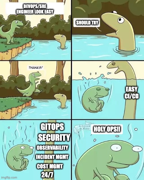 DevOps/SRE Engineer look easy. | DEVOPS/SRE ENGINEER LOOK EASY; SHOULD TRY; EASY CI/CD; GITOPS; HOLY OPS!! SECURITY; OBSERVABILITY; INCIDENT MGMT; COST MGMT; 24/7 | image tagged in dinosaur jump pond water neck | made w/ Imgflip meme maker