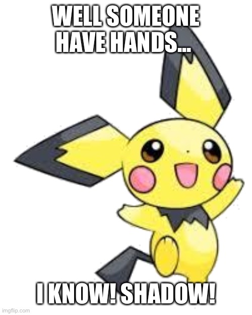 Pichu | WELL SOMEONE HAVE HANDS... I KNOW! SHADOW! | image tagged in pichu | made w/ Imgflip meme maker