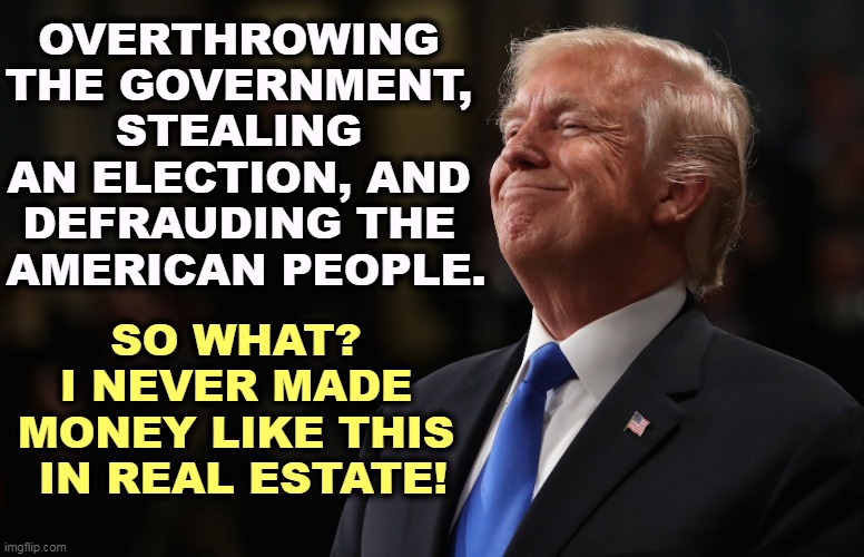 A bloodless liar, cheat and con man. | OVERTHROWING 
THE GOVERNMENT, 
STEALING 
AN ELECTION, AND 
DEFRAUDING THE 
AMERICAN PEOPLE. SO WHAT? 
I NEVER MADE 
MONEY LIKE THIS 
IN REAL ESTATE! | image tagged in trump smiling,revolution,stealing,fraud,death,democracy | made w/ Imgflip meme maker