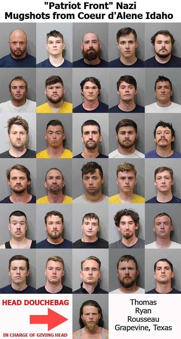 "Patriot Front" Nazi Mugshots from Coeur d'Alene, Idaho | image tagged in neonazi douchebags,fake patriots,white supremacists,inbred,fugly,wannabes | made w/ Imgflip meme maker