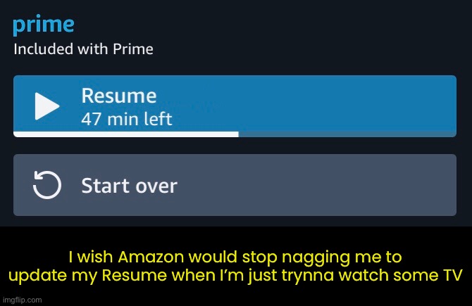 Resume | I wish Amazon would stop nagging me to update my Resume when I’m just trynna watch some TV | image tagged in funny memes,amazon,prime | made w/ Imgflip meme maker