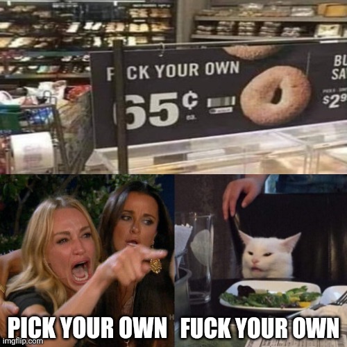 Cat meme | FUCK YOUR OWN; PICK YOUR OWN | image tagged in woman yelling at cat,cat meme,cat,funny | made w/ Imgflip meme maker