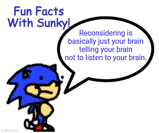 Fun Facts With Sunky! | Reconsidering is basically just your brain telling your brain not to listen to your brain. | image tagged in fun facts with sunky | made w/ Imgflip meme maker