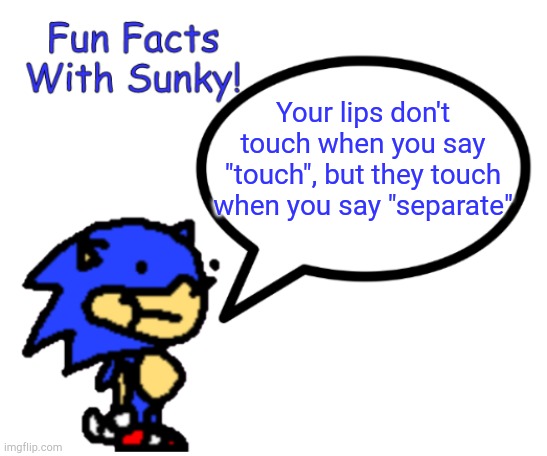 Last fact for tonight, sorry if I hurt anyone's brain | Your lips don't touch when you say "touch", but they touch when you say "separate" | image tagged in fun facts with sunky | made w/ Imgflip meme maker