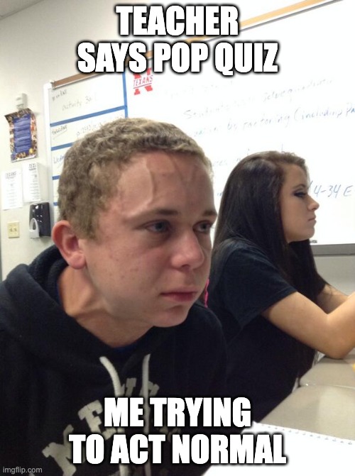 ohh no | TEACHER SAYS POP QUIZ; ME TRYING TO ACT NORMAL | image tagged in hold fart | made w/ Imgflip meme maker