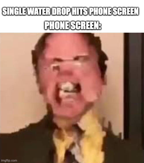 Dwight Screaming | SINGLE WATER DROP HITS PHONE SCREEN; PHONE SCREEN: | image tagged in dwight screaming | made w/ Imgflip meme maker