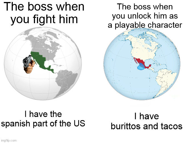 Buff Doge vs. Cheems | The boss when you fight him; The boss when you unlock him as a playable character; I have the spanish part of the US; I have burittos and tacos | image tagged in memes,buff doge vs cheems,bob | made w/ Imgflip meme maker