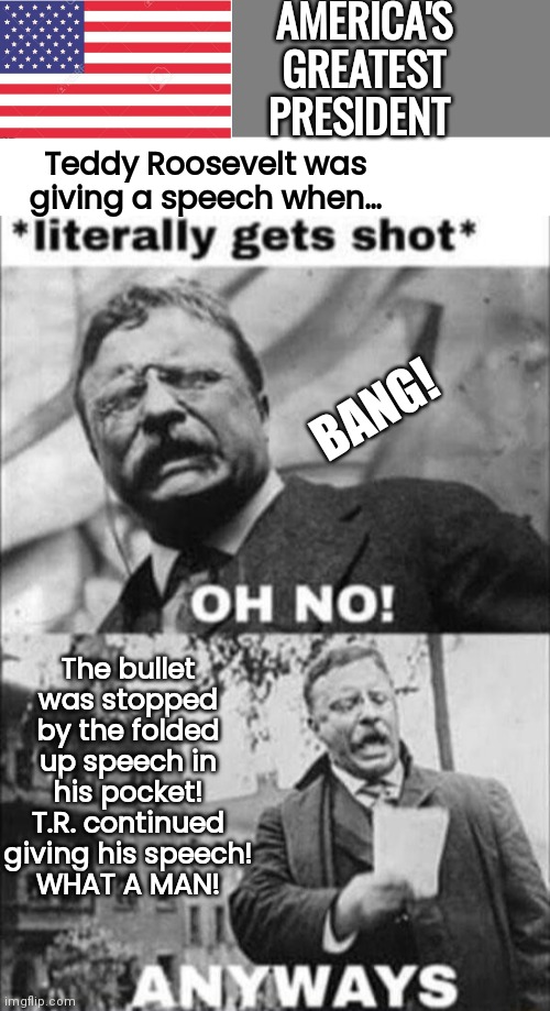 Teddy Roosevelt America's greatest president |  AMERICA'S GREATEST PRESIDENT; Teddy Roosevelt was giving a speech when... BANG! The bullet was stopped by the folded up speech in his pocket!
T.R. continued giving his speech!
WHAT A MAN! | image tagged in blank grey,blank white template | made w/ Imgflip meme maker