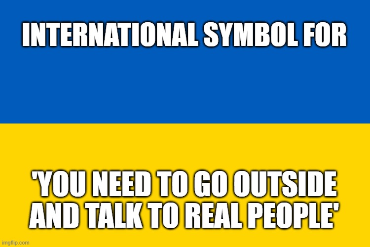 Ukraine flag | INTERNATIONAL SYMBOL FOR; 'YOU NEED TO GO OUTSIDE AND TALK TO REAL PEOPLE' | image tagged in ukraine flag | made w/ Imgflip meme maker