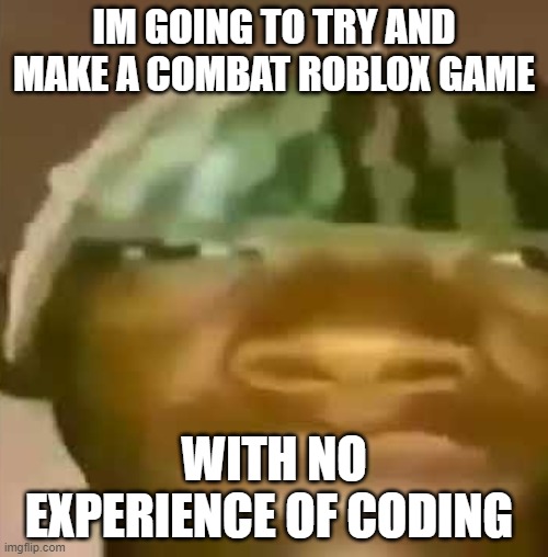 shitpost | IM GOING TO TRY AND MAKE A COMBAT ROBLOX GAME; WITH NO EXPERIENCE OF CODING | image tagged in shitpost | made w/ Imgflip meme maker