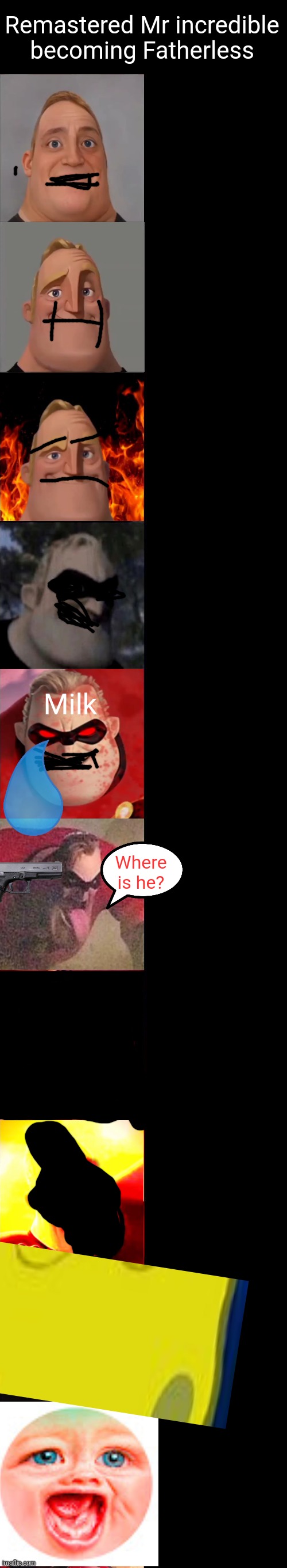 Oh ma god | Remastered Mr incredible becoming Fatherless; Milk; Where is he? | image tagged in mr incredible becoming evil | made w/ Imgflip meme maker