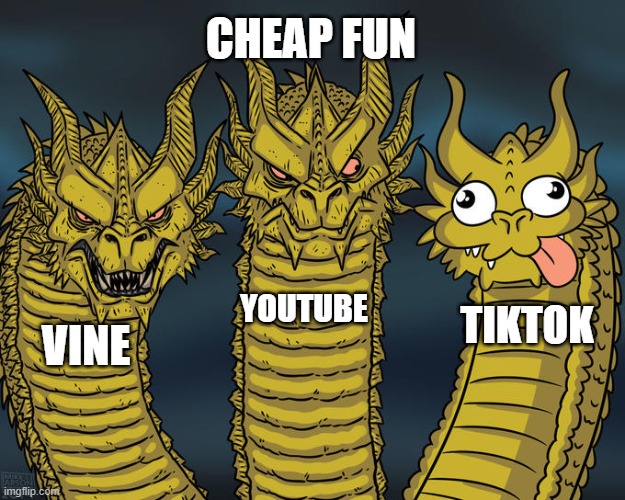 cheap funs | CHEAP FUN; YOUTUBE; TIKTOK; VINE | image tagged in three-headed dragon,tiktok,vine,youtube | made w/ Imgflip meme maker