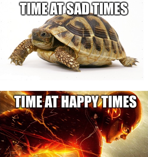 Dunno if repost | TIME AT SAD TIMES; TIME AT HAPPY TIMES | image tagged in slow vs fast meme,time,memes,lol,true | made w/ Imgflip meme maker