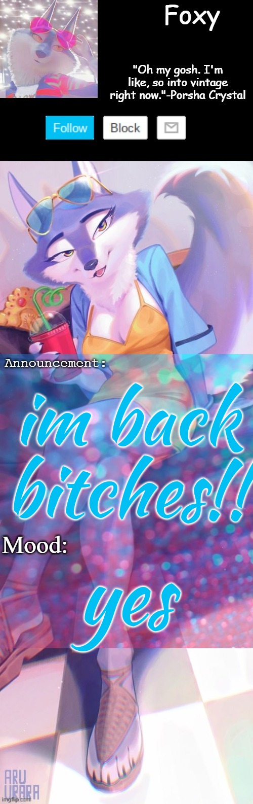 im back bitches!! yes | image tagged in foxy's sing 2 porsha announcement template v2 thanks doom | made w/ Imgflip meme maker