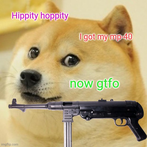 Doge Meme | Hippity hoppity I got my mp-40 now gtfo | image tagged in memes,doge | made w/ Imgflip meme maker