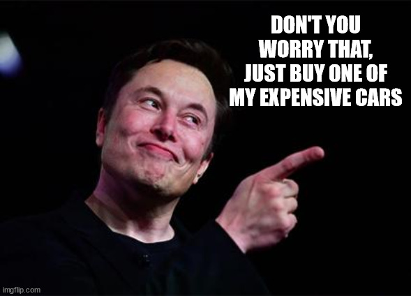 Elon musk | DON'T YOU WORRY THAT,
JUST BUY ONE OF MY EXPENSIVE CARS | image tagged in elon musk | made w/ Imgflip meme maker