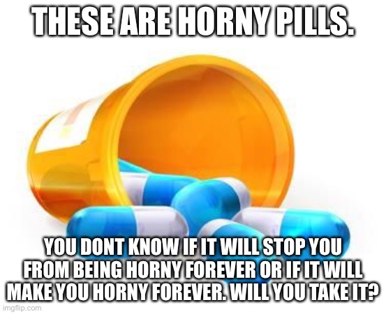 H | THESE ARE HORNY PILLS. YOU DONT KNOW IF IT WILL STOP YOU FROM BEING HORNY FOREVER OR IF IT WILL MAKE YOU HORNY FOREVER. WILL YOU TAKE IT? | image tagged in man the f up pills | made w/ Imgflip meme maker