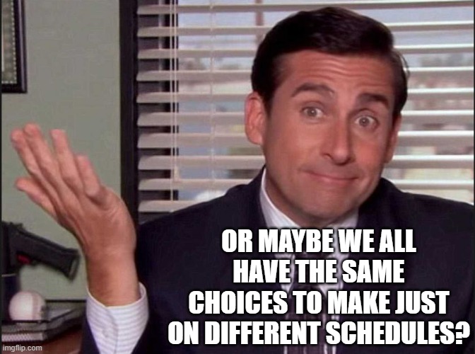 Michael Scott | OR MAYBE WE ALL HAVE THE SAME CHOICES TO MAKE JUST ON DIFFERENT SCHEDULES? | image tagged in michael scott | made w/ Imgflip meme maker