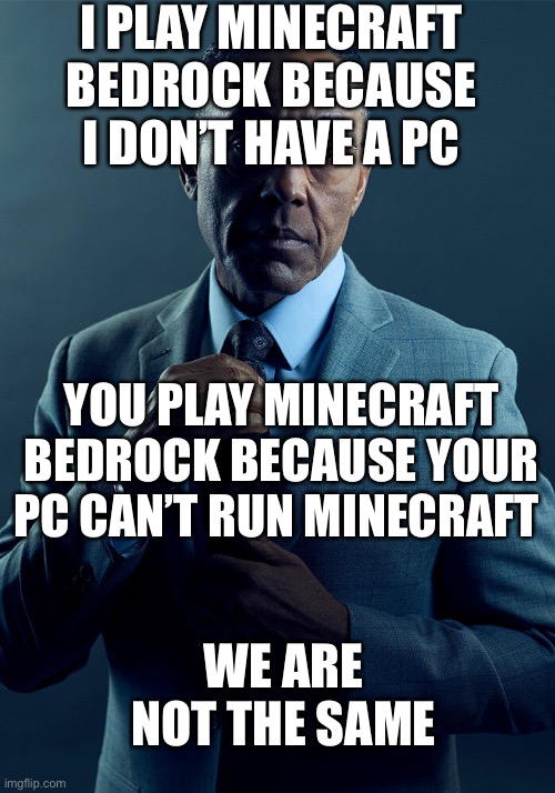 Gus Fring we are not the same | I PLAY MINECRAFT BEDROCK BECAUSE I DON’T HAVE A PC; YOU PLAY MINECRAFT BEDROCK BECAUSE YOUR PC CAN’T RUN MINECRAFT; WE ARE NOT THE SAME | image tagged in gus fring we are not the same | made w/ Imgflip meme maker