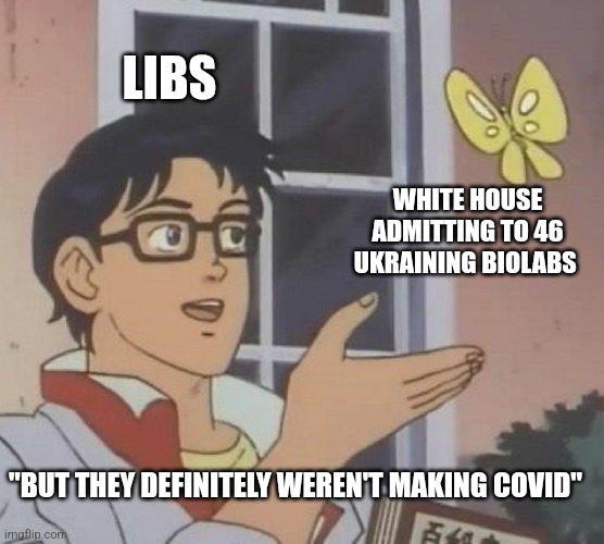This validates Russia | LIBS; WHITE HOUSE ADMITTING TO 46 UKRAINING BIOLABS; "BUT THEY DEFINITELY WEREN'T MAKING COVID" | image tagged in memes,is this a pigeon | made w/ Imgflip meme maker