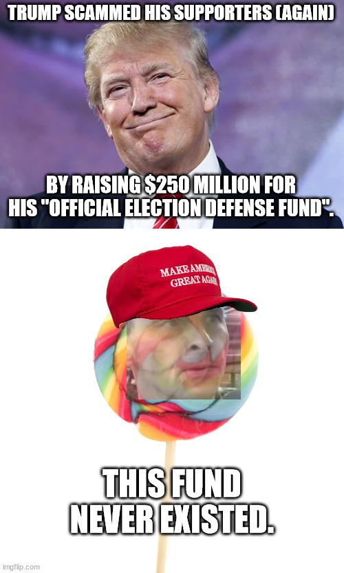 Fool me once... fool me hundreds of times | TRUMP SCAMMED HIS SUPPORTERS (AGAIN); BY RAISING $250 MILLION FOR HIS "OFFICIAL ELECTION DEFENSE FUND". THIS FUND NEVER EXISTED. | image tagged in donald trump smirk | made w/ Imgflip meme maker