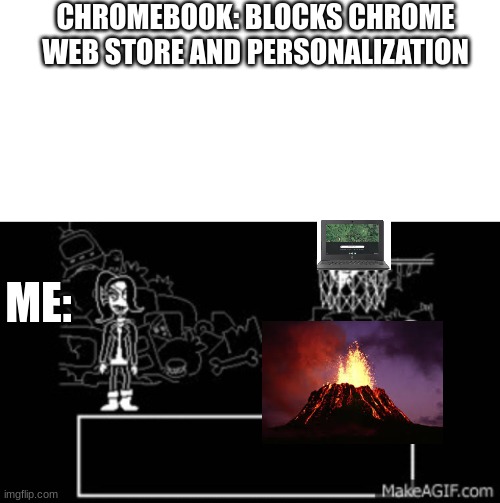 *yeet* | CHROMEBOOK: BLOCKS CHROME WEB STORE AND PERSONALIZATION; ME: | image tagged in blank white template,undyne alphys trash | made w/ Imgflip meme maker