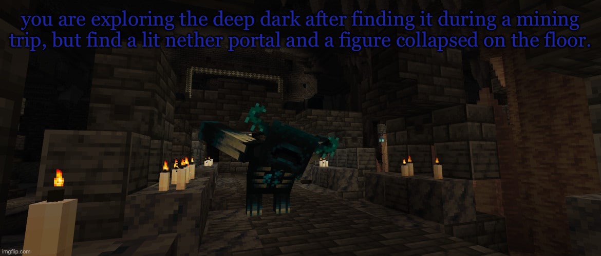 Showcase | you are exploring the deep dark after finding it during a mining trip, but find a lit nether portal and a figure collapsed on the floor. | made w/ Imgflip meme maker