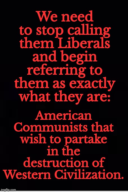 We need to stop calling them Liberals and begin referring to them as exactly what they are:; American Communists that wish to partake in the destruction of Western Civilization. | made w/ Imgflip meme maker