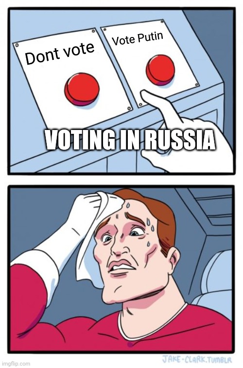 My boy trying to vote from half an hour | Vote Putin; Dont vote; VOTING IN RUSSIA | image tagged in memes,two buttons | made w/ Imgflip meme maker