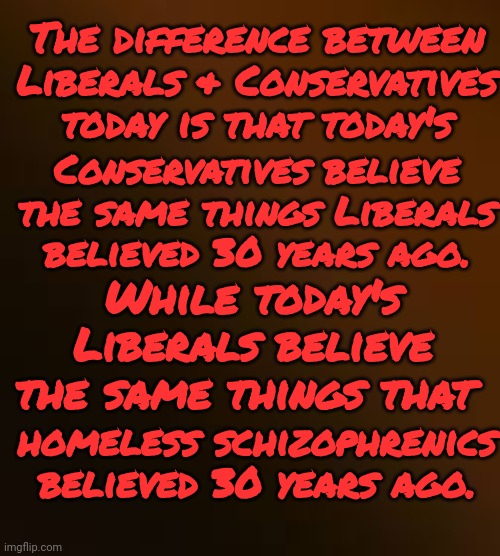 The difference between Liberals & Conservatives today is that today's; Conservatives believe the same things Liberals believed 30 years ago. While today's Liberals believe the same things that; homeless schizophrenics believed 30 years ago. | made w/ Imgflip meme maker