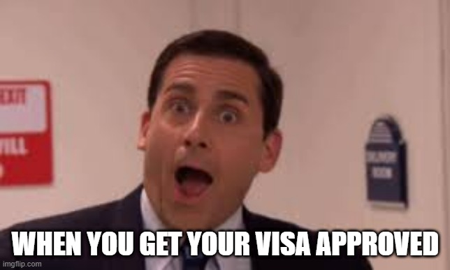 Michael Scott Surprised Face | WHEN YOU GET YOUR VISA APPROVED | image tagged in michael scott surprised face | made w/ Imgflip meme maker