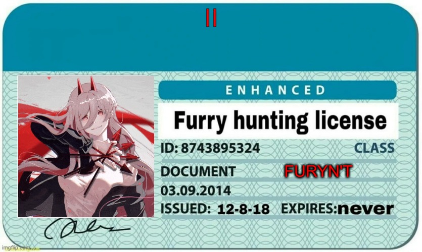 furry hunting license | II; FURYN'T | image tagged in furry hunting license | made w/ Imgflip meme maker