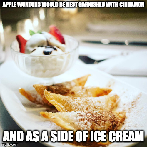 Apple Wontons | APPLE WONTONS WOULD BE BEST GARNISHED WITH CINNAMON; AND AS A SIDE OF ICE CREAM | image tagged in food,dessert,apple,memes,dumplings | made w/ Imgflip meme maker